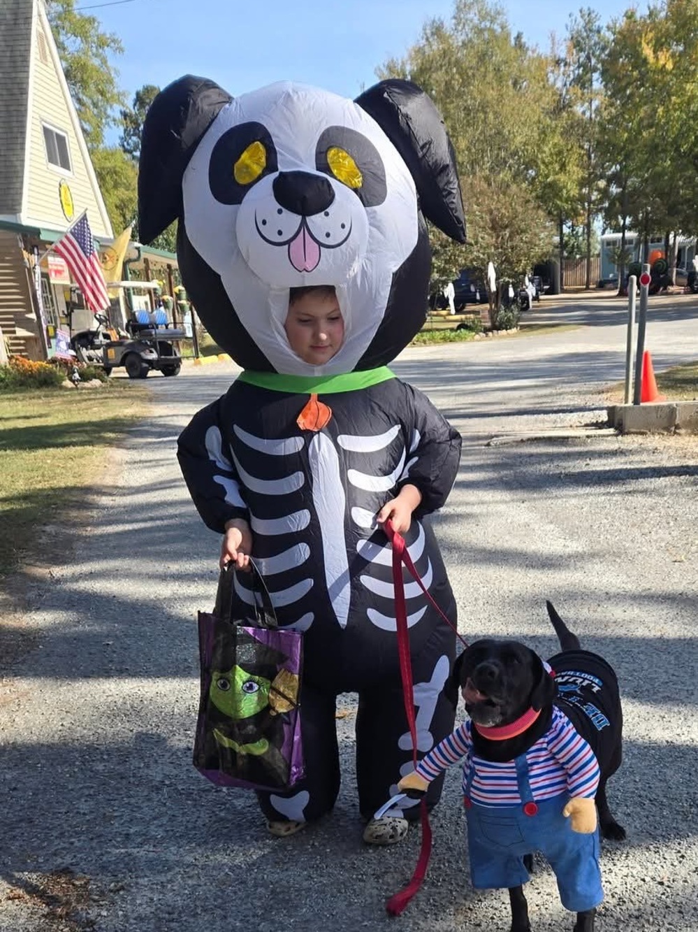 Kids Black Skeleton Puppy Inflatable Costume with Green Collar